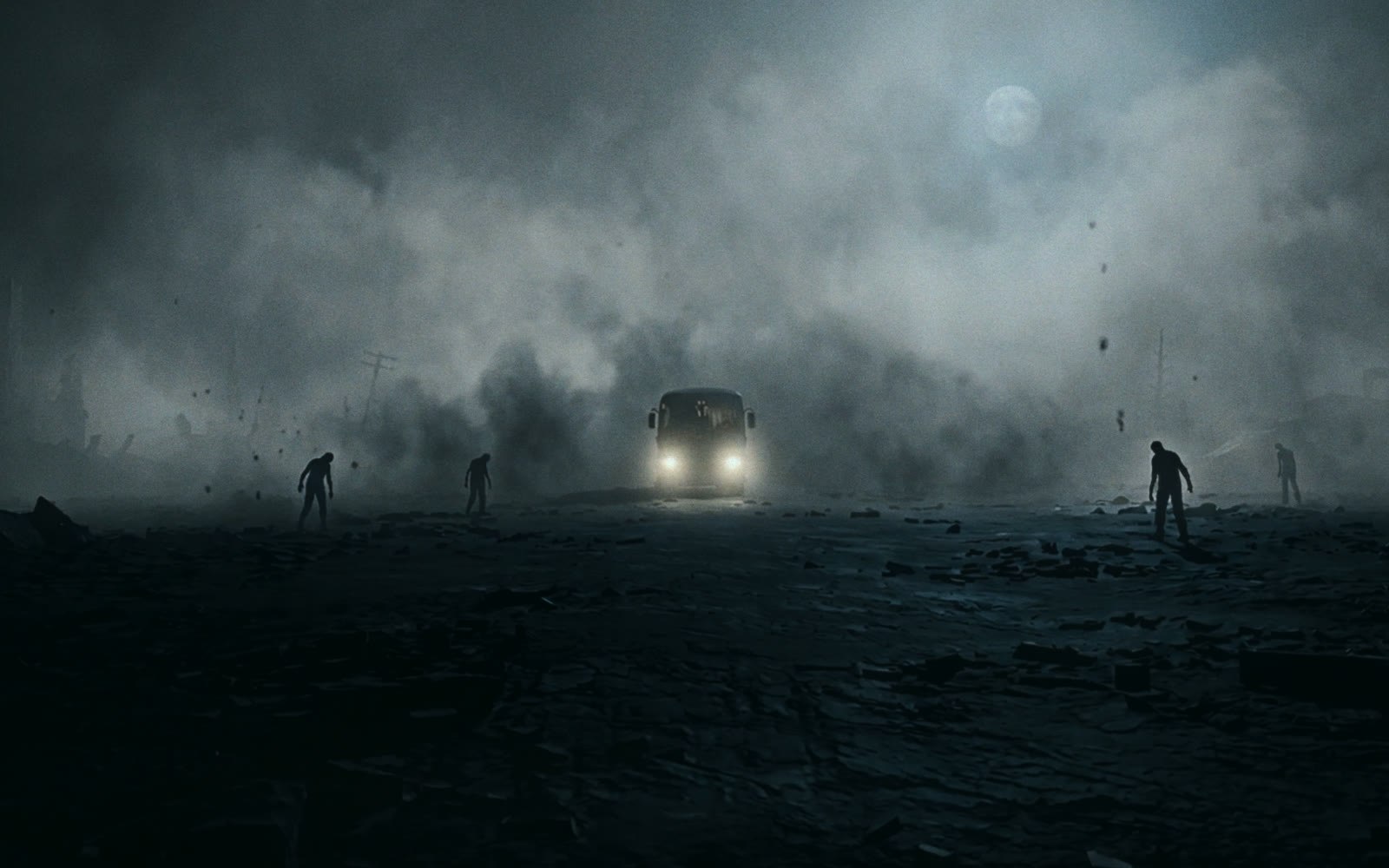 The bus pushing through fog and wreckage in Dead Mile